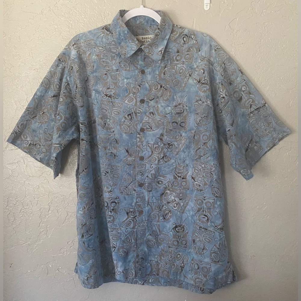 Men’s Basic Options Short Sleeve Blue Batik Cotton Shirt, Tribal Masks Pattern L